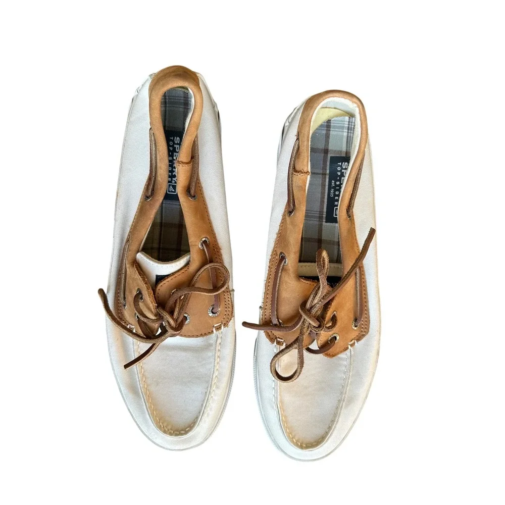 Sperry Top-Sider Mens 12M Boat Shoes White Canvas Tan Leather 0687004 Loafers